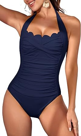 Eomenie Women One Piece Tummy Control Swimsuit Halter Scallop Trim Bathing Suits 1 Piece Vintage ... | Amazon (US)