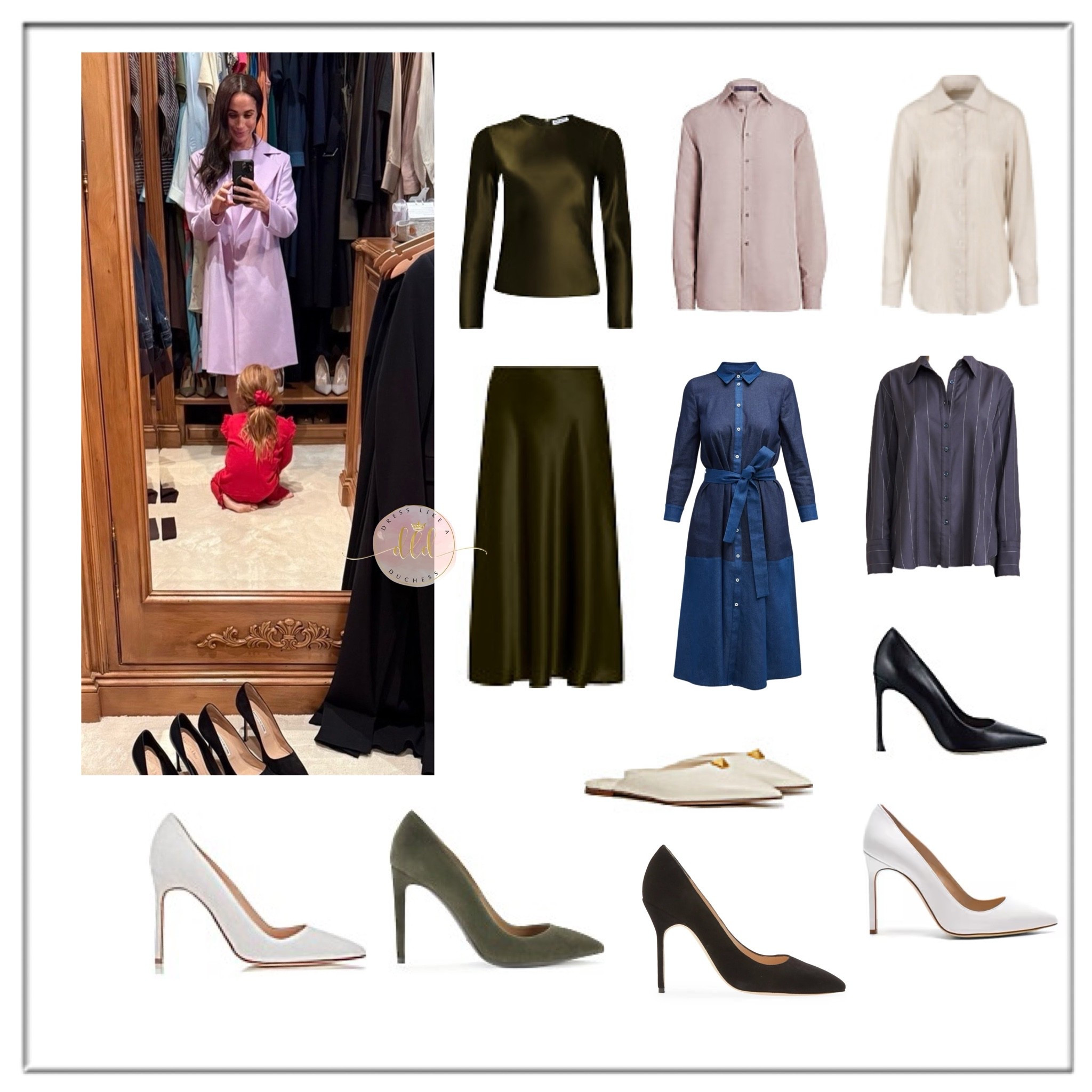 5/16/26 Meghan Markle reveals a look at her walk-in closet including her Argent silk top and skirt in basil (not linkable) + La Ligne Lee shirt + Ralph Lauren Adrien shirt (still available in white) + Giuliva Heritage striped husband shirt + Carolina Herrera denim shirtdress + Dior dioressence pumps + Manolo BB pumps white nappa + Valentino Roman stud mules + Ralph Lauren Celia pumps in olive suede + Manolo BB pumps in light grey suede + Manolo bb pumps in black suede 📸Meghan