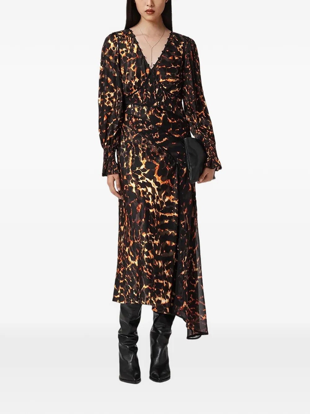 AllSaints leopard-print V-neck mid dress - Black | Farfetch Global