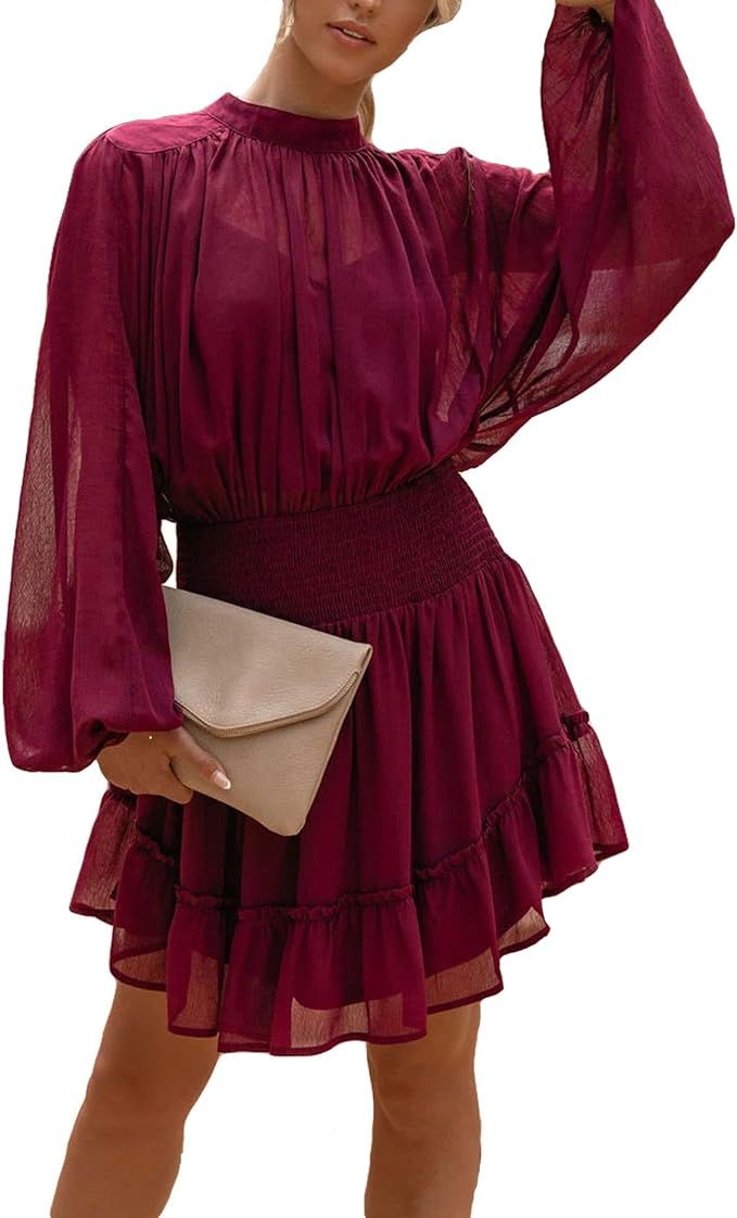 Womens High Neck Long Lantern Sleeve Elastic Waist Short Mini Dress | Amazon (US)