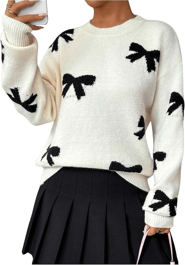 GORGLITTER Women's Bow Sweater Long Sleeve Crew Neck Vintage Y2k Knitted Sweater | Amazon (US)