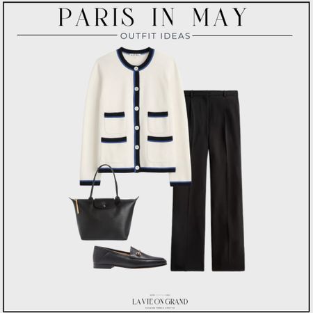 What to pack for Paris on May 
Cardigan 
Black Pants
Loafers
Longchamp Tote 

#LTKover40 #LTKtravel #LTKstyletip