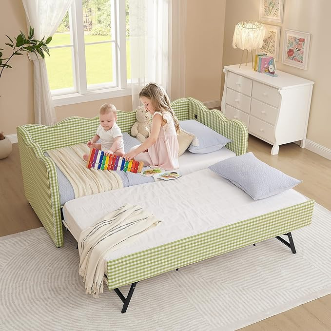 Twin Size Upholstered Daybed with Trundle, Convertible Twin to King Sofa Bed Frame with USB Charg... | Amazon (US)