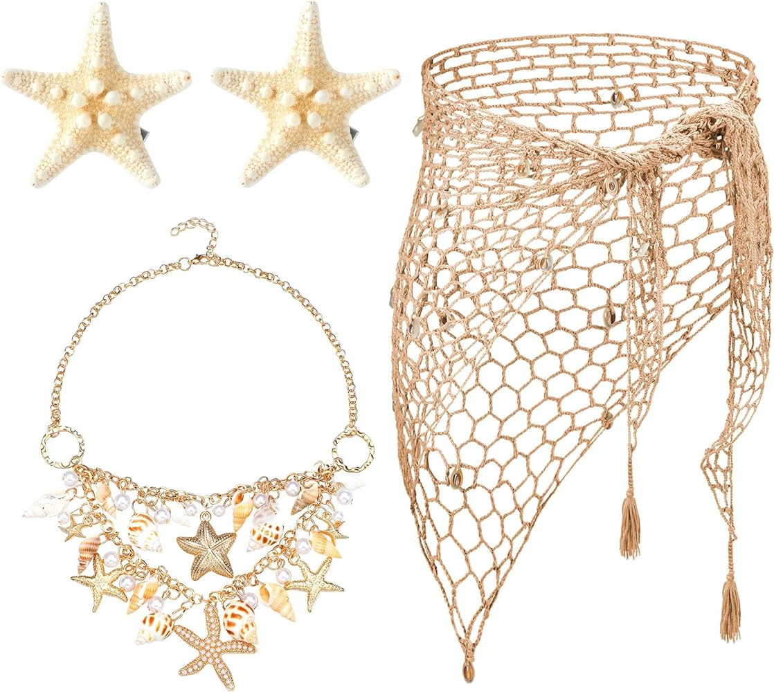 4 Pcs Summer Mermaid Costume Women Beach Crochet Skirt Sarong Swimsuit Cover up Shell Necklace Ha... | Amazon (US)