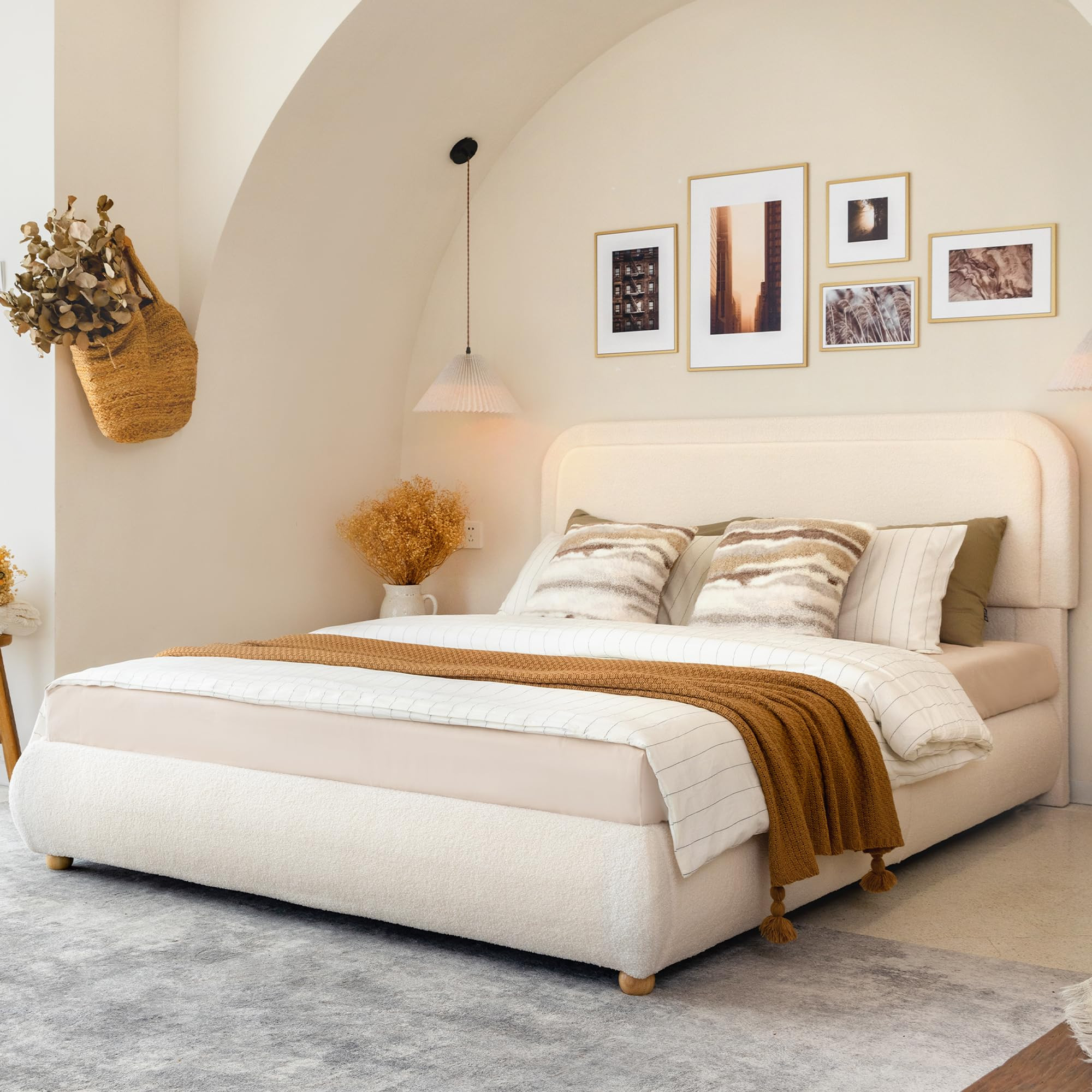 Yechen Boucle Cloud Queen Bed Frame with Round Corner Headboard, Upholstered Soft Creamy Bedframe... | Amazon (US)