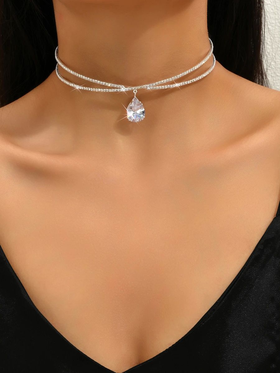 Cubic Zirconia Water-drop Charm Layered Choker | SHEIN