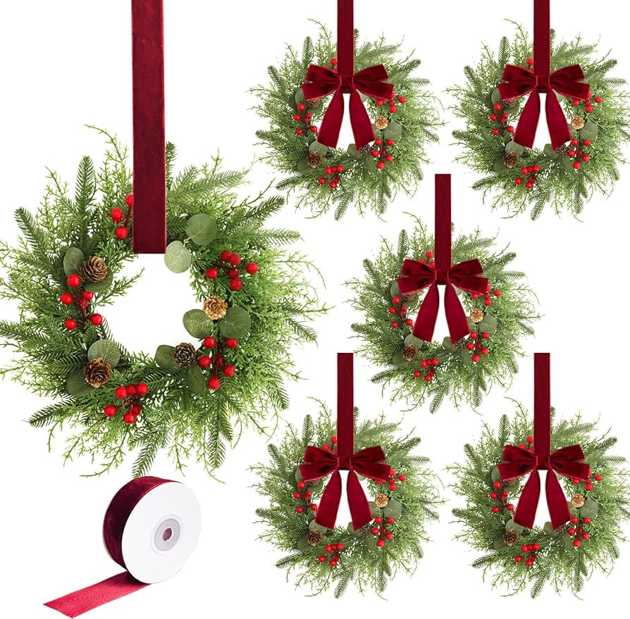 Thewe 6Pcs 12" Christmas Candle Wreaths for Kitchen Cabinet Table Decor | Amazon (US)