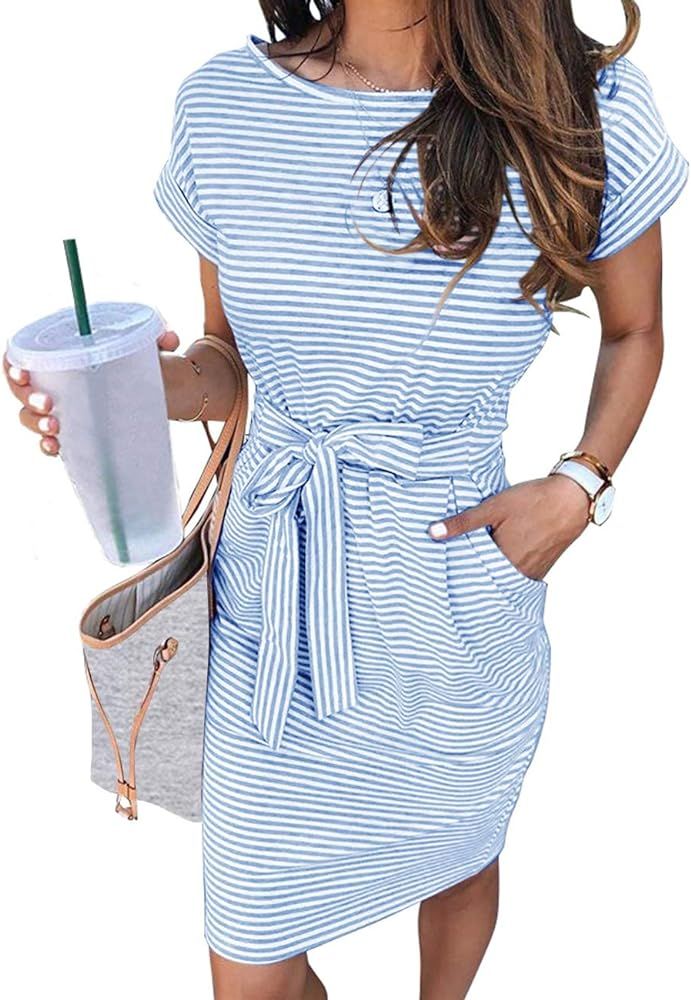 MEROKEETY Women's Summer Striped Short Sleeve T Shirt Dress Casual Tie Waist Midi Dress, Blue, M ... | Amazon (US)