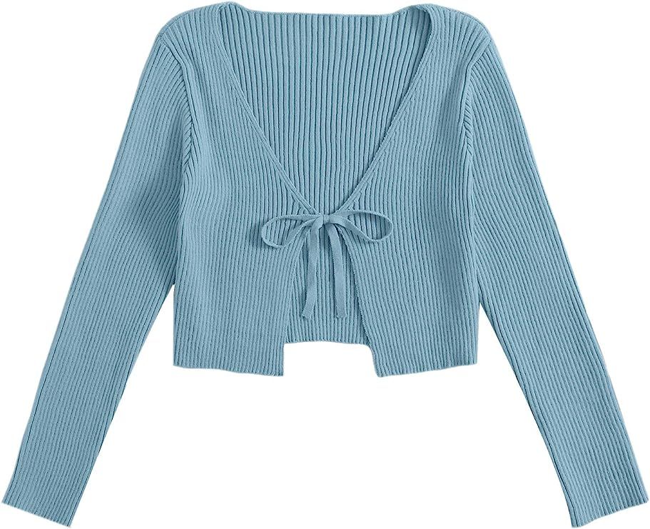 Floerns Women's Tie Front Long Sleeve Rib Knit Cardigan Crop Top | Amazon (US)