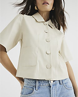 Cream Faux Leather Short Sleeve Shirt | River Island UK & IE