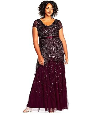 Adrianna Papell Women's Plus Size Floor Length Beaded Cap Sleeve V-Neck Dress | Amazon (US)