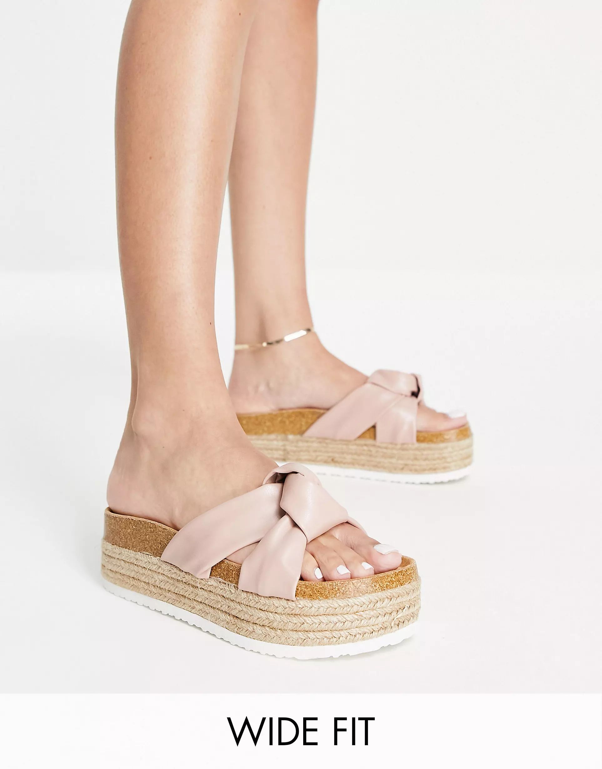 ASOS DESIGN Wide Fit Teegan knotted flatform sandals in beige | ASOS (Global)
