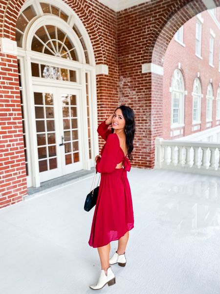 Under $35 amazon cutout midi dress that’s perfect for the holidays! (Small, multiple colors), white amazon booties and Gucci bag — love this look for fall wedding guests, winter and the holidays! #founditonamazon 

#LTKHoliday #LTKwedding #LTKunder50