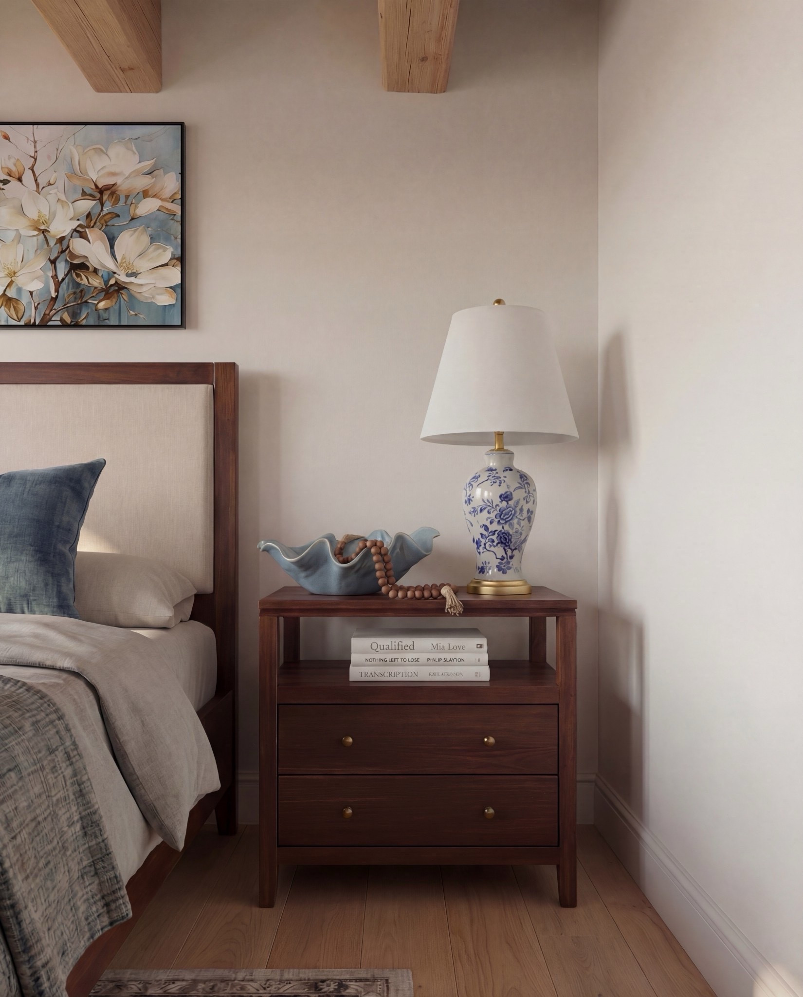 Bedroom Refresh : Shop The Look.
• Warm wood platform bed with upholstered headboard
• White bedding with layered neutral + blue pillows
• Chunky knit blue throw blanket
• Upholstered bench at the foot of the bed
• Matching warm-wood nightstands
• Blue décor bowls (nightstand styling)
• Bead décor strand
• Floral framed artwork pair above nightstands
• Blue ceramic table lamps
• Neutral patterned area rug
• Floral ceiling wallpaper (blue + white palette)

#LTKHome #LTKSaleAlert