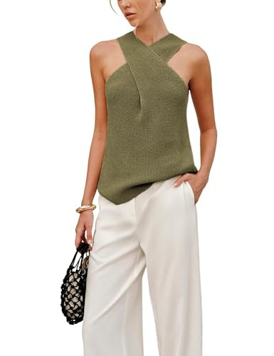 Yeokou Women Halter Cross Over Collar Tank Knit Sleeveless Top Solid Color Casual Summer Blouse | Amazon (US)