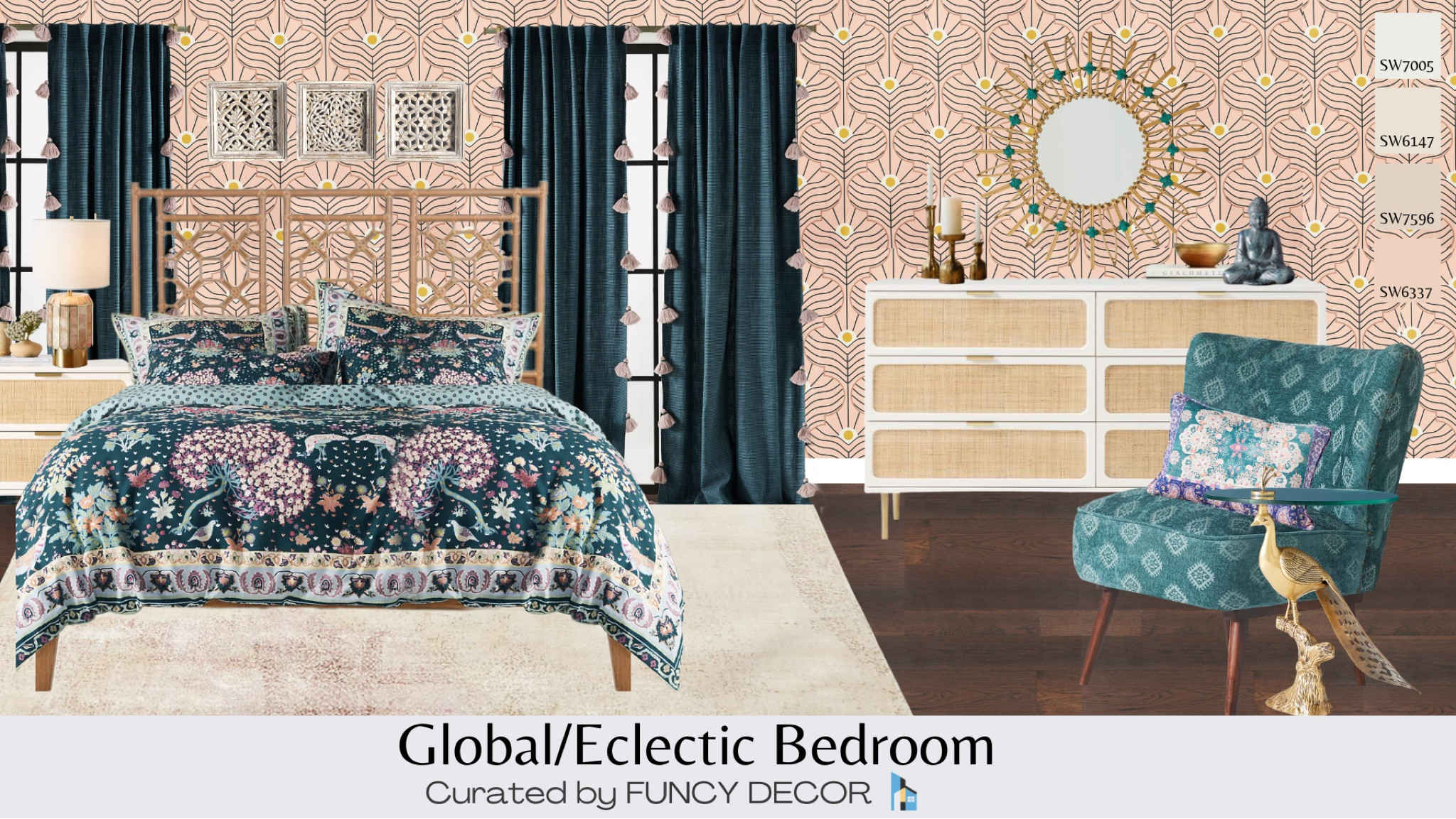 This Eclectic bedroom has a whimsical collection of floral and peacock accents along with caned and rattan furniture.  Pieces are curated from Anthropologie, Arhaus, World Market, West Elm, and Target.

#LTKFind #LTKstyletip #LTKhome