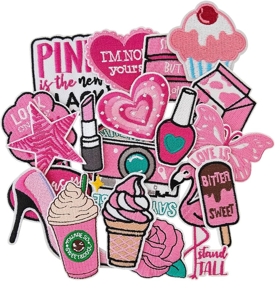 20PCS Girl Themes Iron on Patches, Embroidered Appliqué Pink Iron on Patches for Clothes, Hats, ... | Amazon (US)