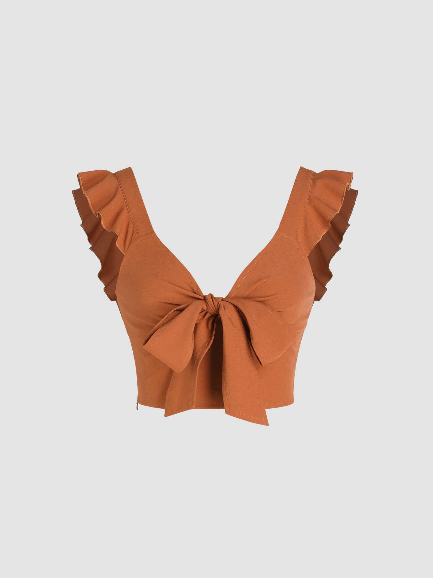 Woven Solid V-neck Ruffle Knotted Crop Top For Daily Casual Date | Cider