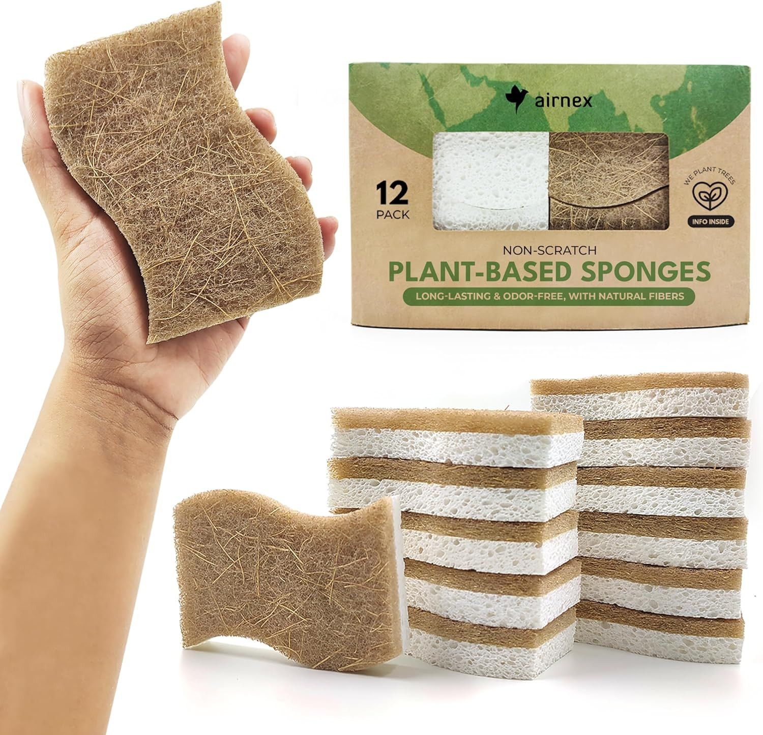 AIRNEX Natural Kitchen Sponges (12 Pack) - Plant-Based Cellulose & Coconut Scrubber Dish Sponges for Kitchen - Eco-Friendly, Non Scratch, Compostable, Non Toxic S-Shaped Natural Sponges for Dishes | Amazon (US)