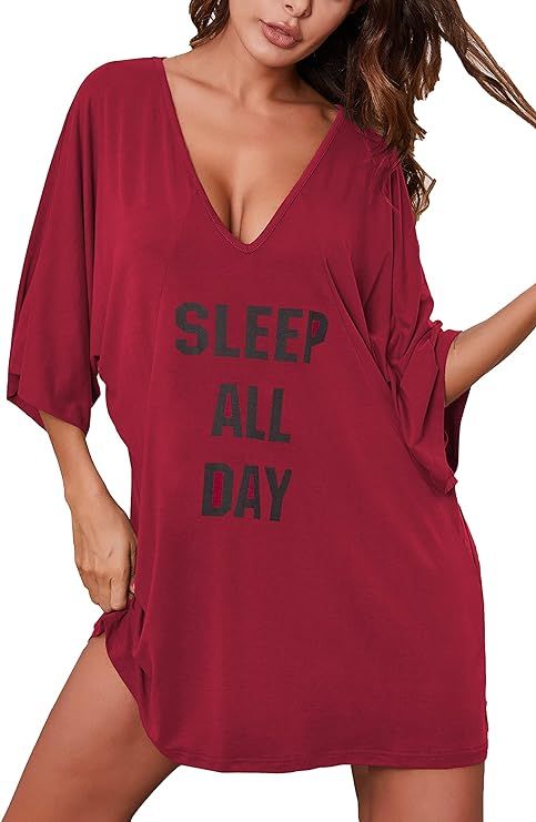 Ekouaer Women's Sleepshirt Deep V Neck Nightgown Batwing Nightshirt Oversized Sleepwear S-4XL    ... | Amazon (US)