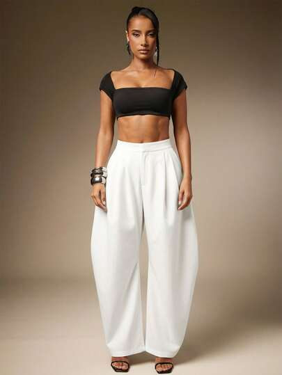 Hauture Basic Summer Casual Solid Charcoal Pleated Oversized Barrel Pants | SHEIN