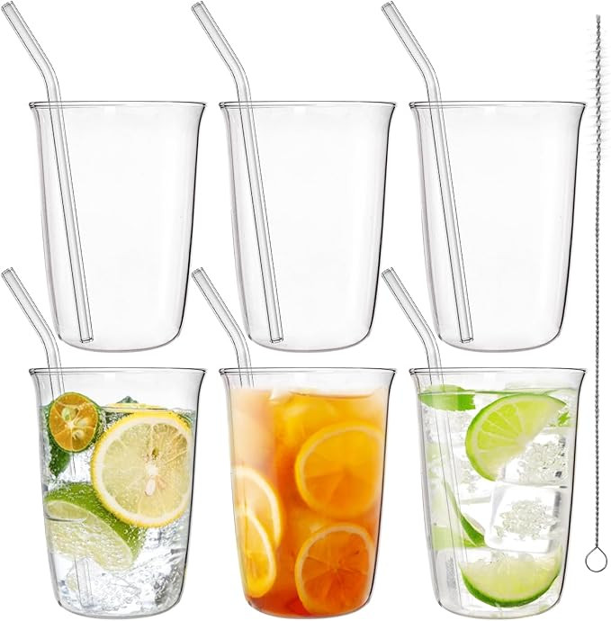 6 Piece Drinking Glasses, 16 Oz Clear Water Glass Set with Straws, Lead-free Highball Glass Cup K... | Amazon (US)