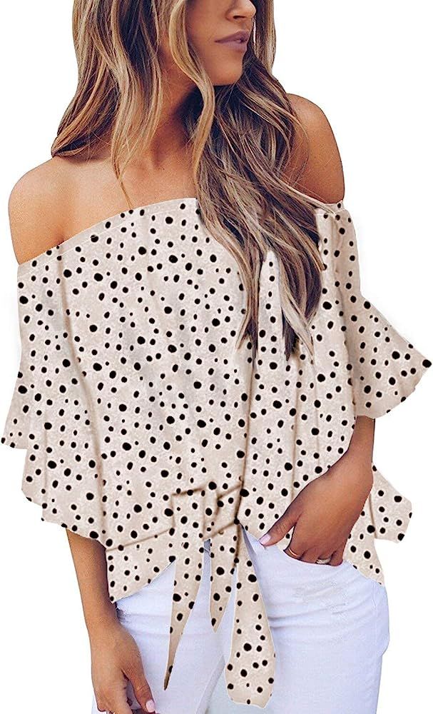 Womens Summer Floral Pinted Off The Shoulder Tops 3 4 Flare Sleeve Tie Knot T-Shirt Blouses | Amazon (US)