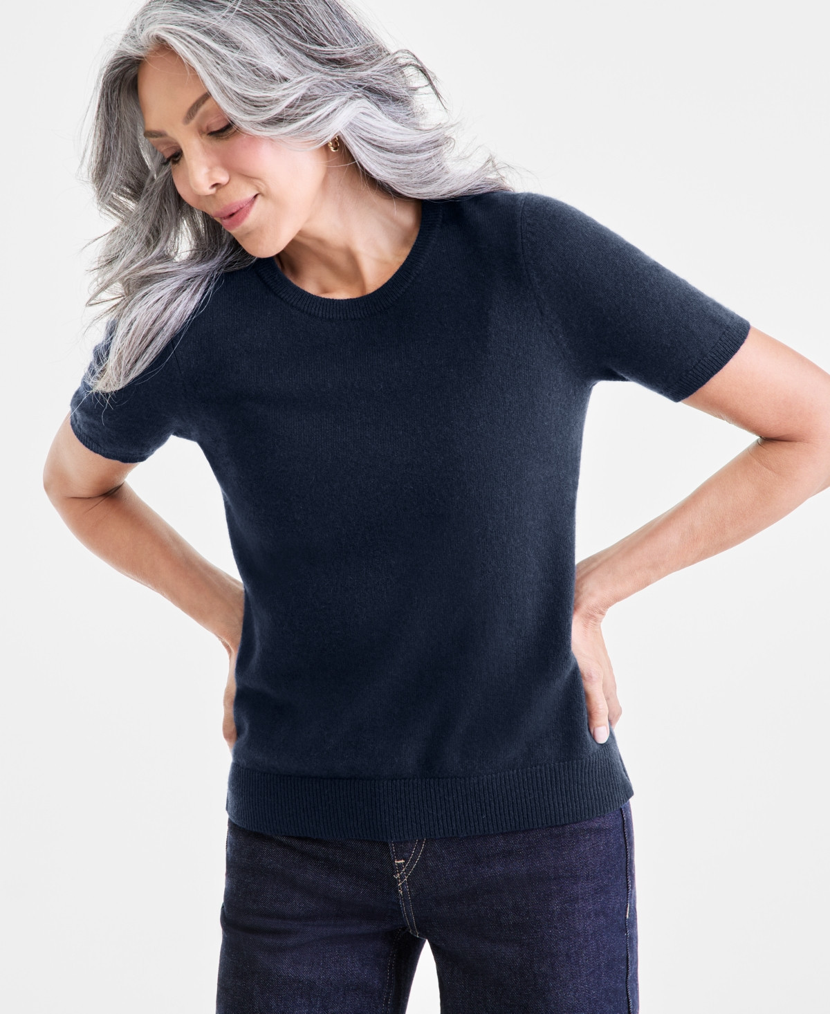 Charter Club Women's 100% Cashmere Crewneck Short-Sleeve Sweater, Macy's Exclusive - Admiral Navy | Macy's