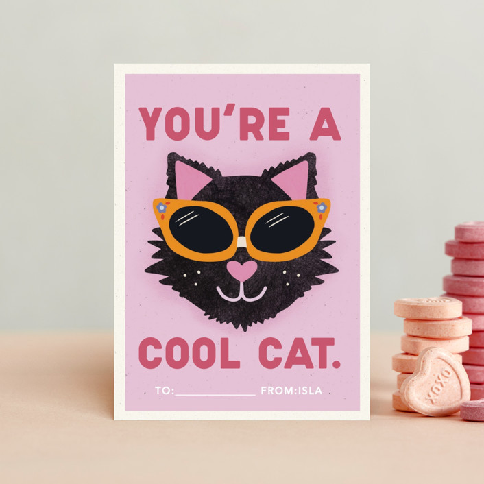 "You're a cool cat." - Customizable Classroom Valentine's Cards in Pink by Calee A.H. Cecconi. | Minted