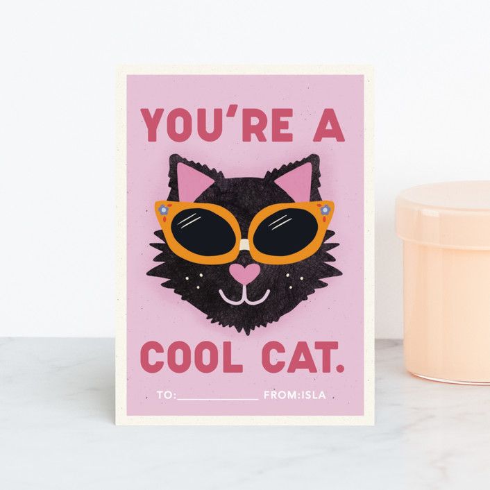 "You're a cool cat." - Customizable Classroom Valentine's Cards in Pink by Calee A.H. Cecconi. | Minted