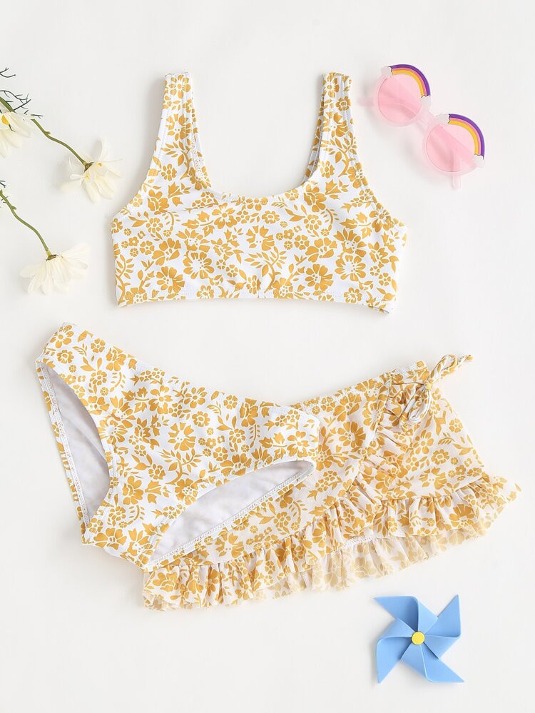 3pack Toddler Girls Ditsy Floral Print Bikini Swimsuit & Beach Skirt | SHEIN
