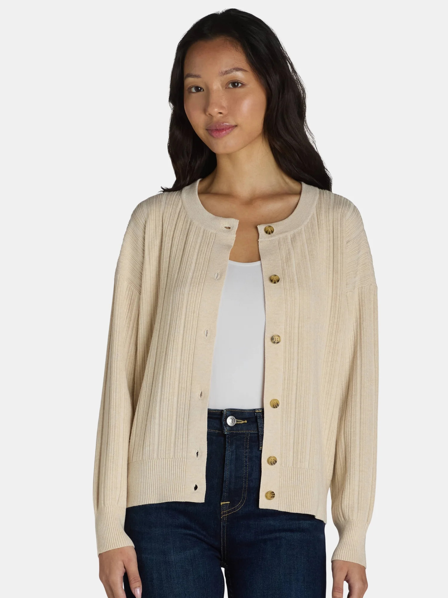 Time and Tru Women's Fine Gauge Rib Crew Cardigan with Long Sleeves, Sizes XS-XXXL | Walmart (US)