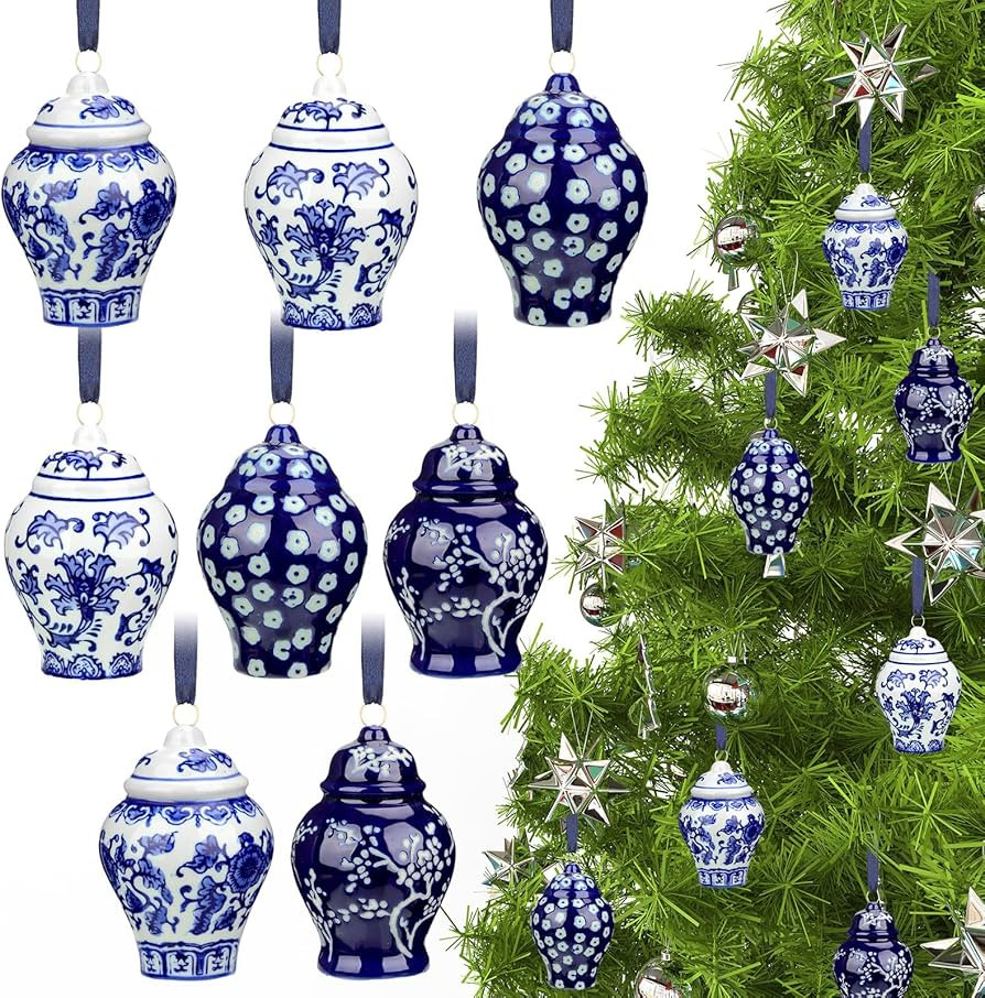 8 Pieces Christmas Chinoiserie Ornaments Mini Ginger Jar Ornaments Porcelain Hanging Ornaments Bl... | Amazon (US)