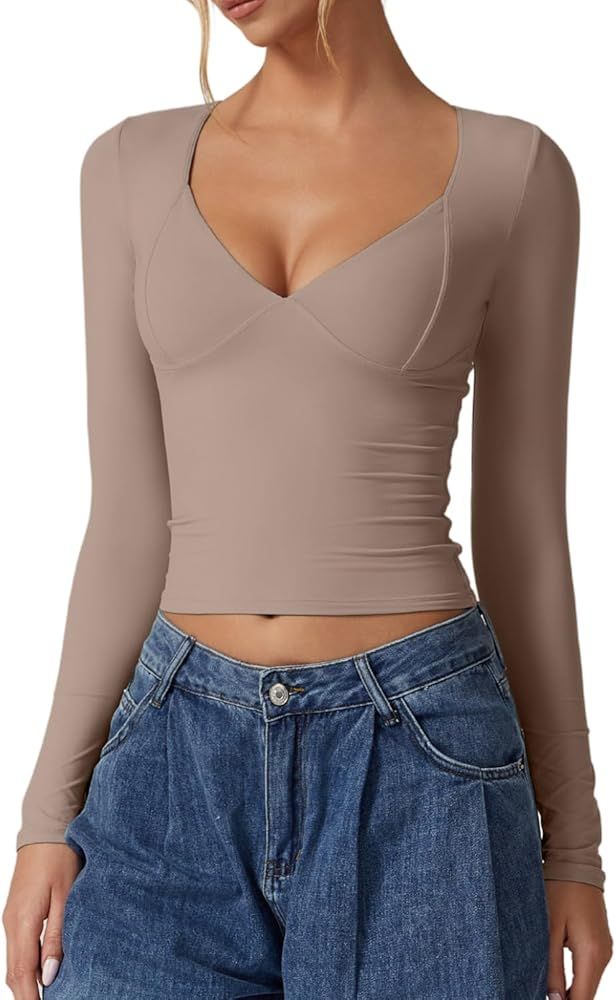 QINSEN Women's Long Sleeve V Neck T Shirts Double Lined Crop Top Seamed Cup Going Out Tops | Amazon (US)