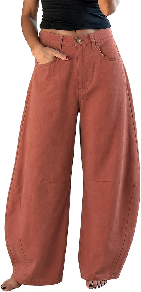 EXLURA Womens Faux Linen Barrel Pants Baggy Wide Leg Palazzo Pant Summer Cotton Lightweight Elast... | Amazon (US)
