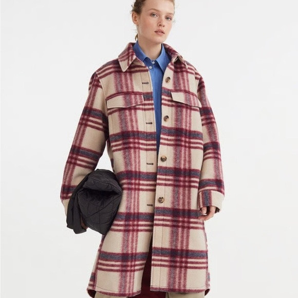 H&M Burgundy and Cream Plaid Coat | Poshmark