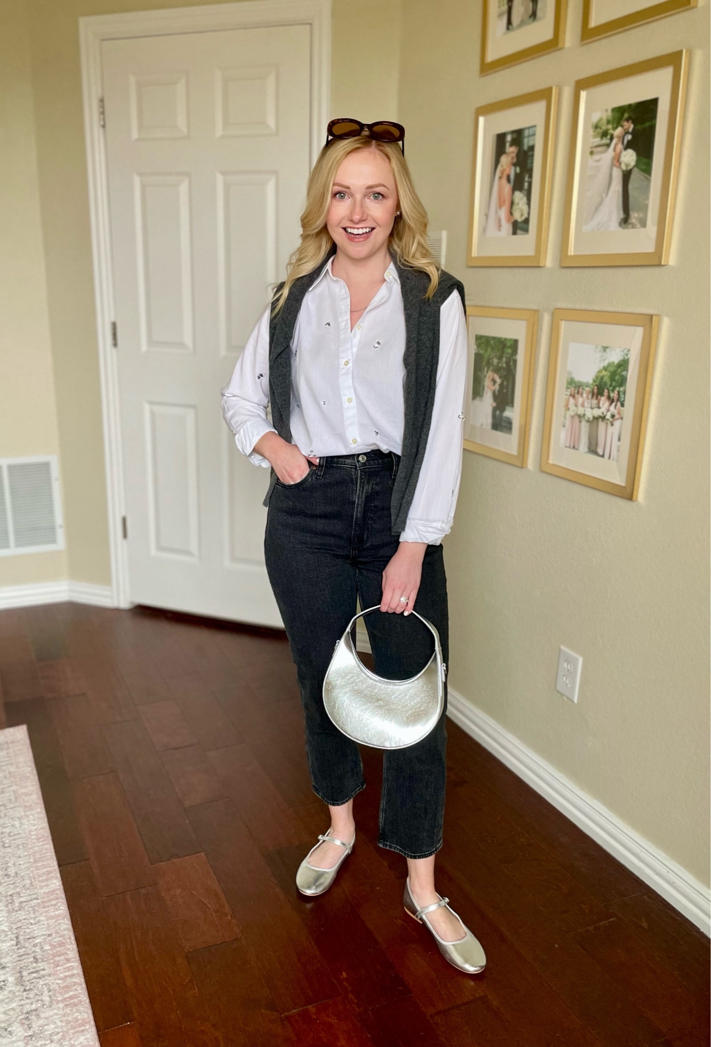 XS in top 26S in jeans and 6.5 in shoes, I recommend sizing up half size in shoes! | winter outfit, silver shoes, silver shoes outfit, Mary janes, Mary janes outfit, bejeweled top, black jeans 

#LTKSeasonal #LTKsalealert #LTKstyletip