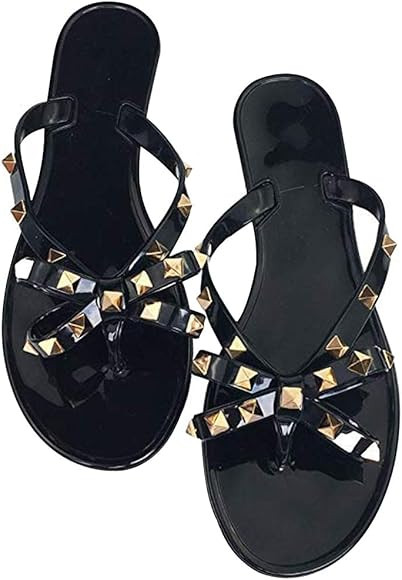 Women Bow Pearls Flip-Flops Sandals Beach Flat Rivets Rain Jelly Shoes | Amazon (US)