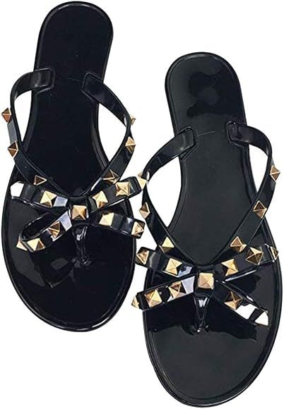 Women Stud Bow Flip-Flops Sandals Beach Flat Rivets Rain Jelly Shoes | Amazon (US)