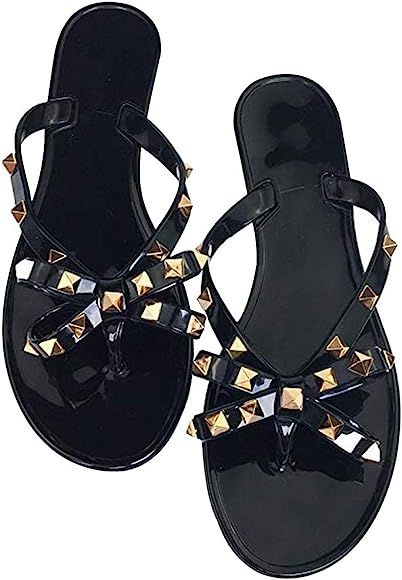 Women Stud Bow Flip-Flops Sandals Beach Flat Rivets Rain Jelly Shoes | Amazon (US)