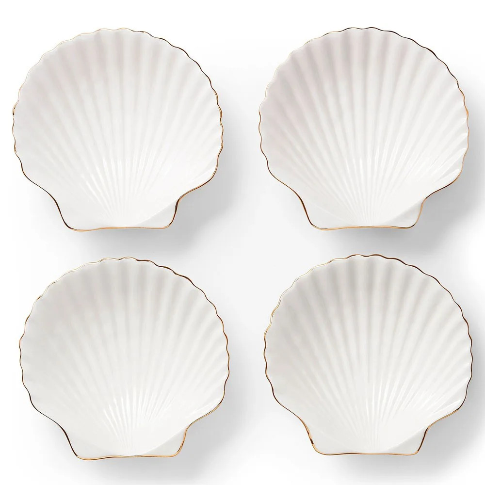 AERIN Coastal Beach White Ceramic Shell Appetizer Plate - Set of 4 | Kathy Kuo Home