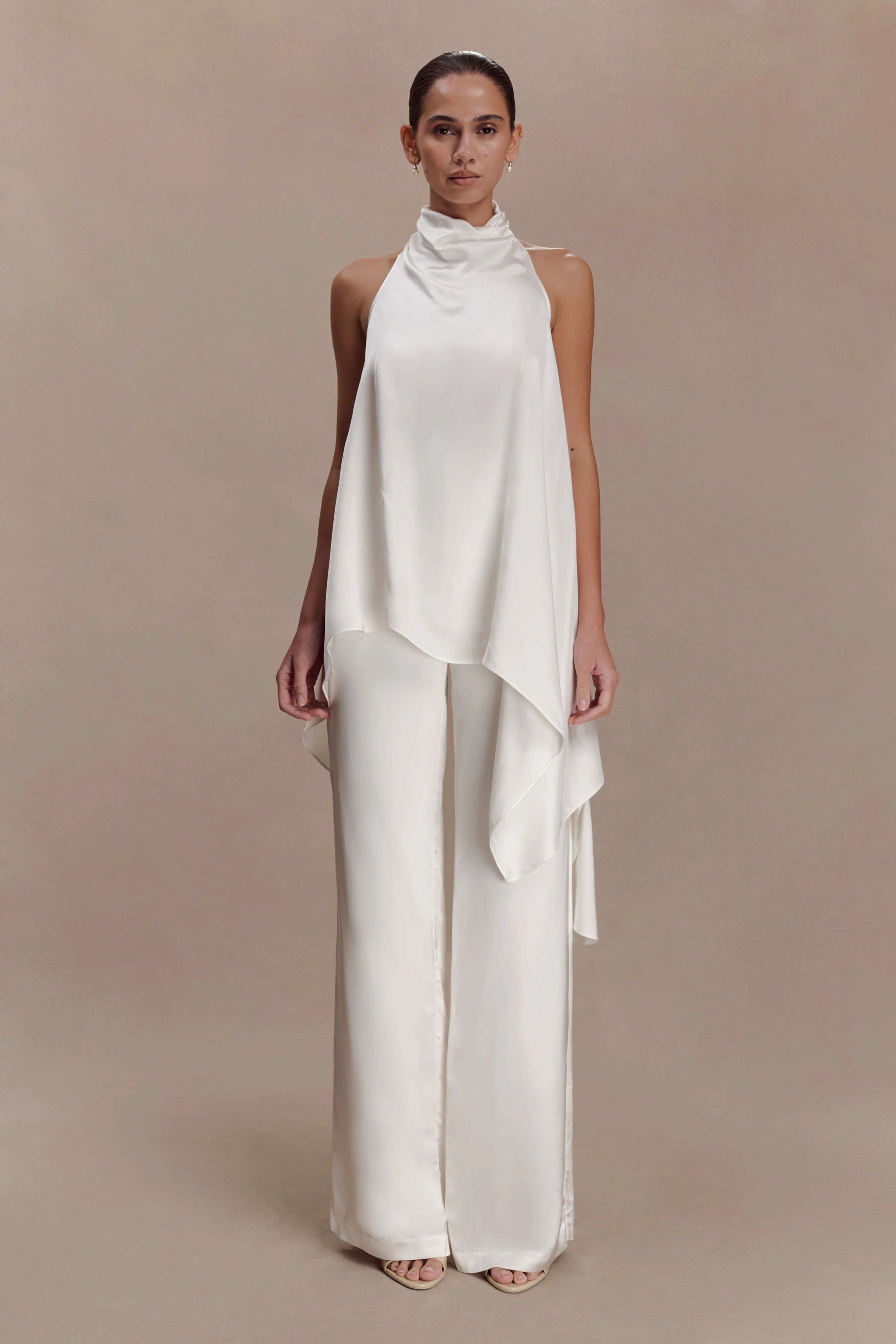 Sydney Asymmetrical Satin Halter Top - Ivory | Meshki UK