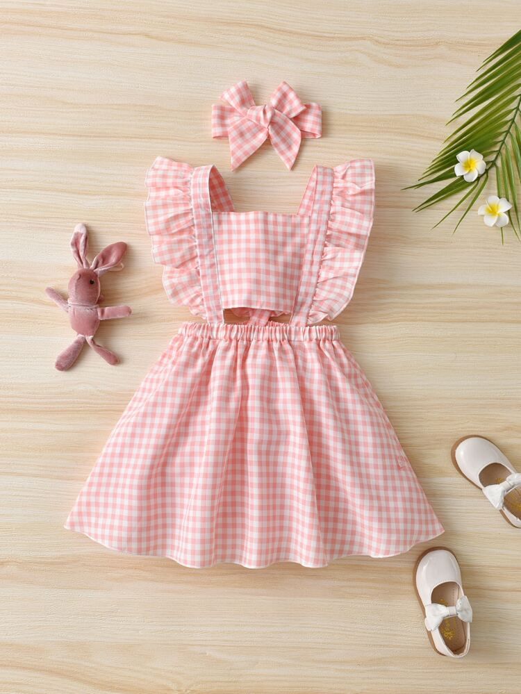 Toddler Girls Gingham Ruffle Trim Overall Dress & Headband | SHEIN