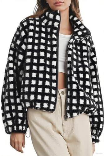 Women's Checkered Sherpa Jacket Long Sleeve Fuzzy Cropped Fleece Jackets Winter Casual Loose Tedd... | Amazon (US)