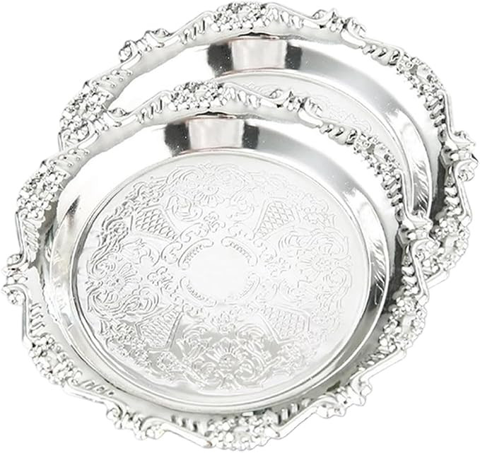 Silver Decorative Tray Set of 2, 10'' Round Vintage Metal Serving Tray, Medium Ornate Coffee Tabl... | Amazon (US)