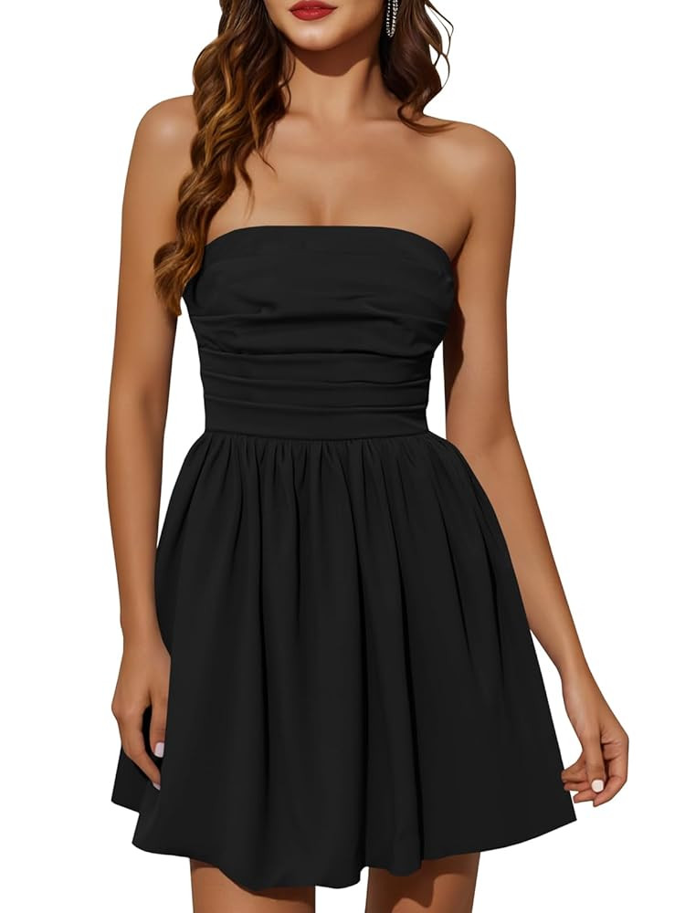Wenrine Women's Sexy Strapless Summer Mini Dress Sleeveless Smocked A Lined Bubble Wedding Club P... | Amazon (US)