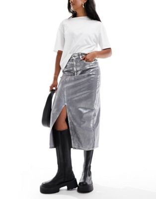River Island coated denim midi skirt in silver | ASOS | ASOS (Global)