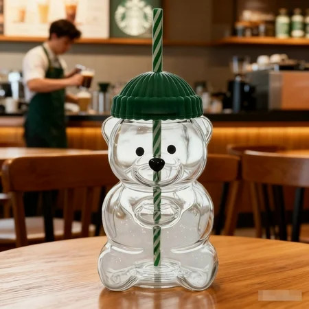 20oz Bear Sippy Cup with Straw, Clear Bear Glass Cup with Lid, Cute Kawaii Bear Glass Bottle Mug for Water Juice Milk Tea, Bear Cup | Walmart (US)