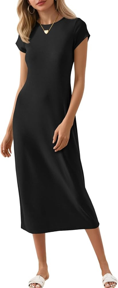 Wenrine Women's Short Sleeve T-Shirt Dress Summer Crew Neck Basic Solid Casual Long Midi Dresses | Amazon (US)