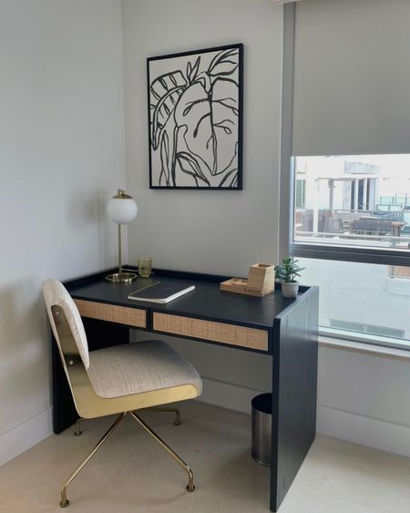 Home office, office design, office desk, office chair, black and white artwork, gold chair, black desk, small office, office corner, table lamp

#LTKhome #LTKstyletip #LTKGiftGuide